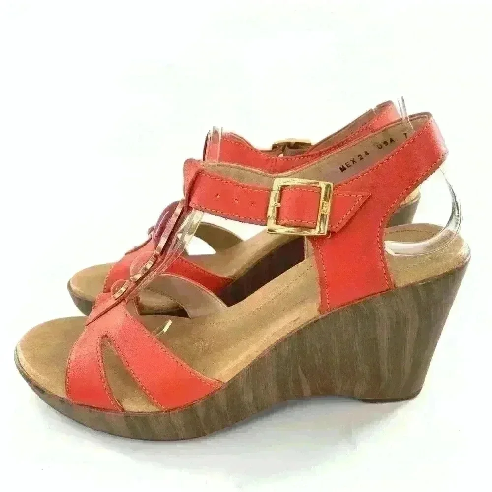 Flexi womens sandals size 7 coral leather t-strap gem wedges costal granny
